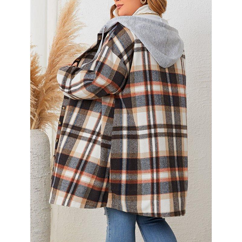 Cuteduck Women Plus Size Plaid Hooded Button Up Shirt Fall Shacket Long Sleeve Lightweight Fashion Coat 1X-4X