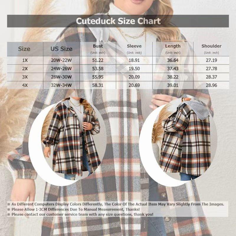 Cuteduck Women Plus Size Plaid Hooded Button Up Shirt Fall Shacket Long Sleeve Lightweight Fashion Coat 1X-4X