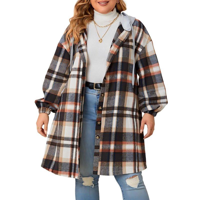 Cuteduck Women Plus Size Plaid Hooded Button Up Shirt Fall Shacket Long Sleeve Lightweight Fashion Coat 1X-4X Cuteduck Women Plus Size Plaid Hooded Button Up Shirt Fall Shacket Long Sleeve Lightweight Fashion Coat 1X-4X