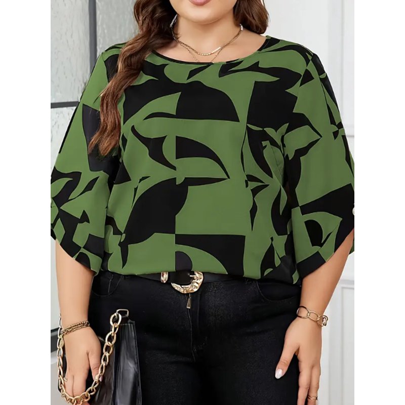 Cuteduck Women's Plus-Size Top With Five-Quarter Sleeves Women's Printed Crew Neck Shirt Top 1X-4X