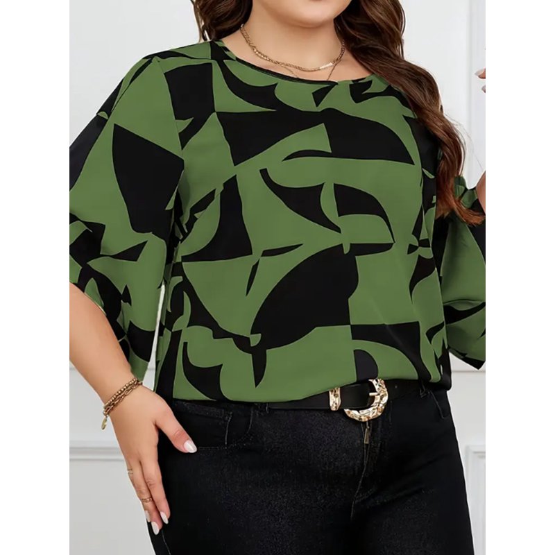 Cuteduck Women's Plus-Size Top With Five-Quarter Sleeves Women's Printed Crew Neck Shirt Top 1X-4X