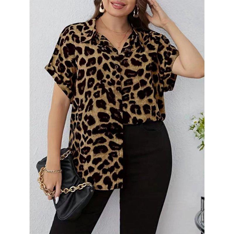 Cuteduck Womens Plus Size Blouses Leopard Print Button Down Loose Fit Casual Short Sleeve Top 1X-5X