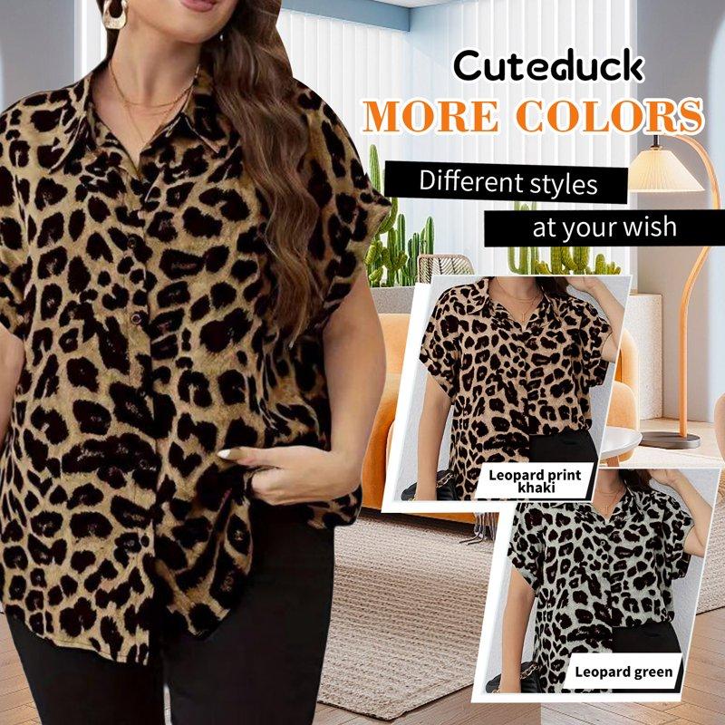 Cuteduck Womens Plus Size Blouses Leopard Print Button Down Loose Fit Casual Short Sleeve Top 1X-5X