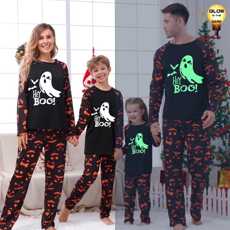 DAKIMOE Halloween Pajamas Family Matching Glow In The Dark Halloween Print Long Sleeve PJs Set Outfits 2 Pieces Cotton Loungewear Sleepwear for Adult Men Women Kids Toddler Ghost Mom-M