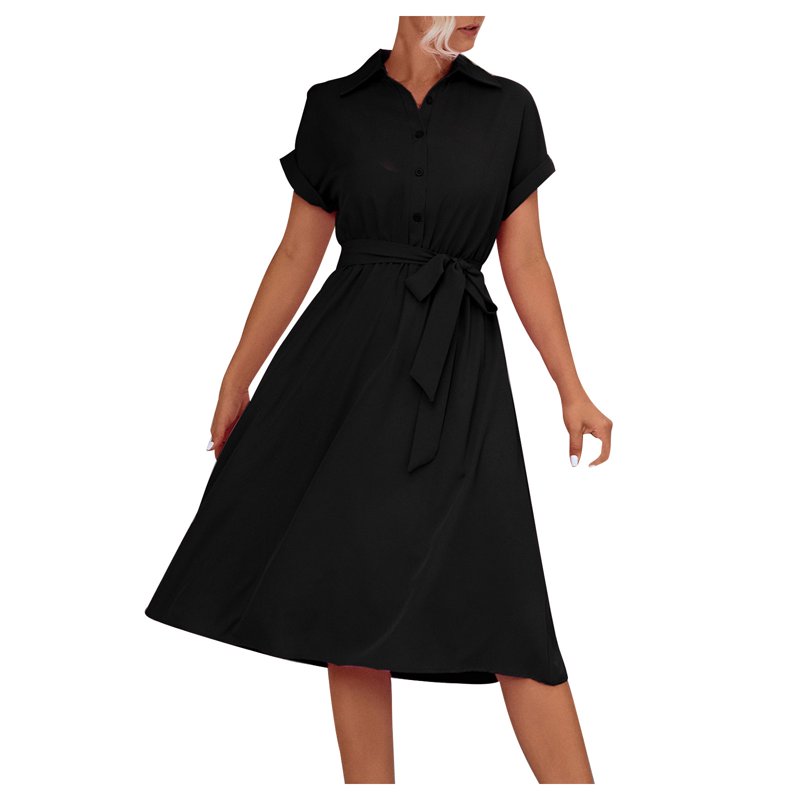 Dasayo Short Sleeve Womens Summer Dresses 2025 Knee Length Black Formal Dresses Solid V Neck Office Work Dresses