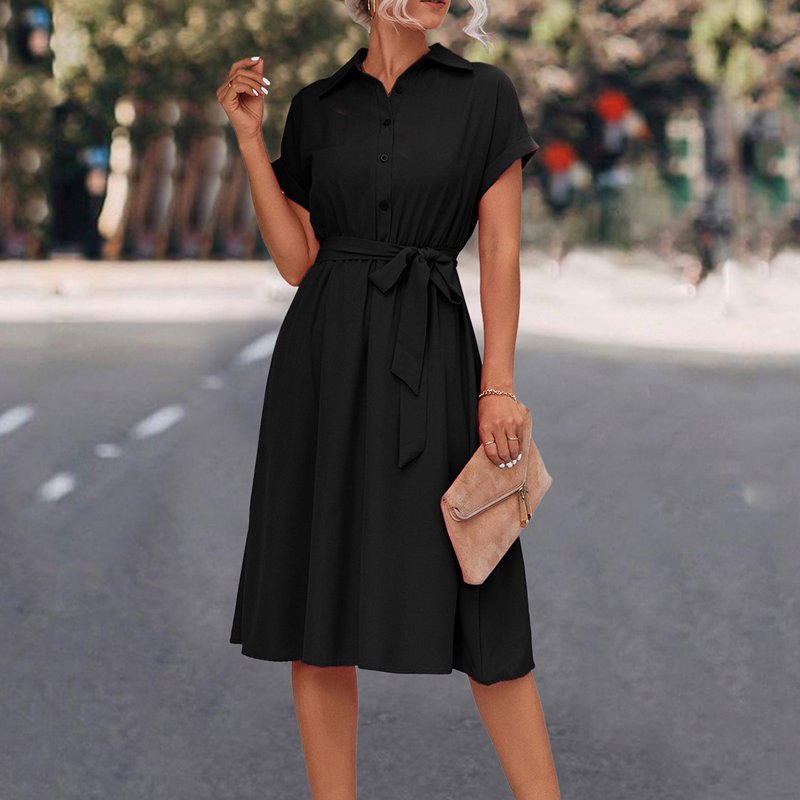 Dasayo Short Sleeve Womens Summer Dresses 2025 Knee Length Black Formal Dresses Solid V Neck Office Work Dresses