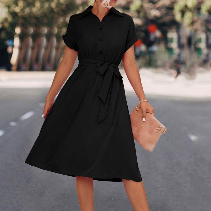 Dasayo Short Sleeve Womens Summer Dresses 2025 Knee Length Black Formal Dresses Solid V Neck Office Work Dresses Dasayo Short Sleeve Womens Summer Dresses 2025 Knee Length Black Formal Dresses Solid V Neck Office Work Dresses