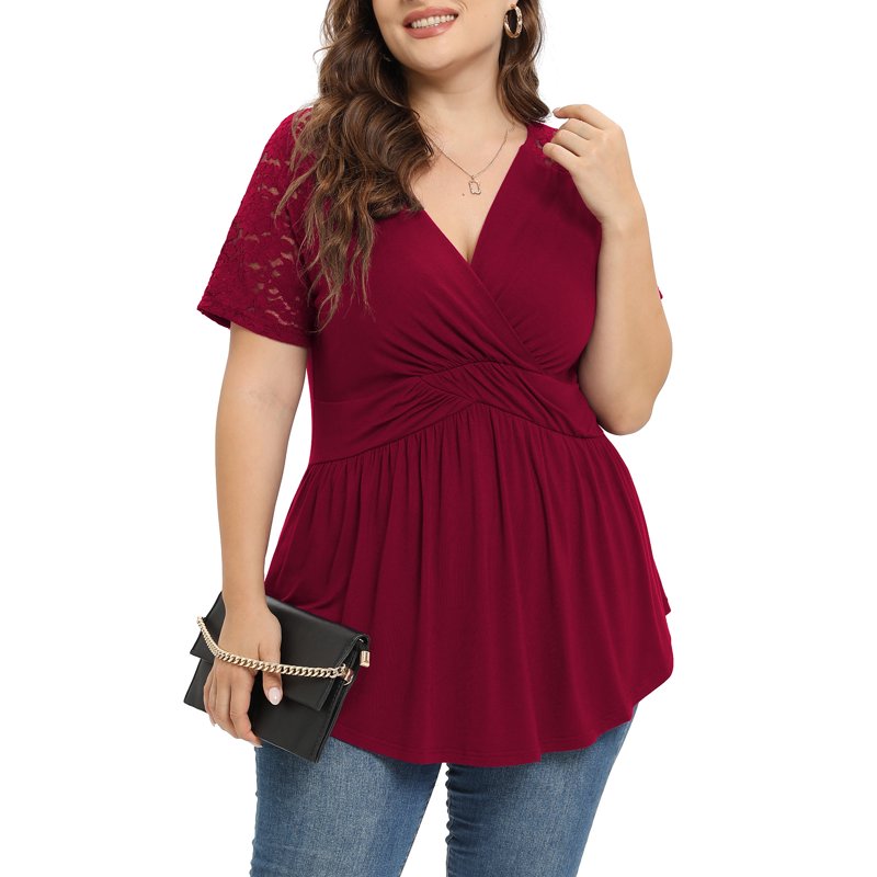 Daystry Plus Size Tunic Tops For Women Lace V-Neck Empire Waist Women Top Babydoll Blouse Wine Red-1X