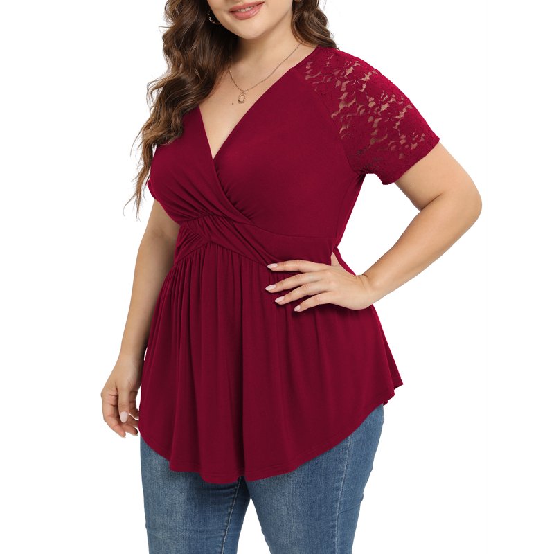 Daystry Plus Size Tunic Tops For Women Lace V-Neck Empire Waist Women Top Babydoll Blouse Wine Red-1X