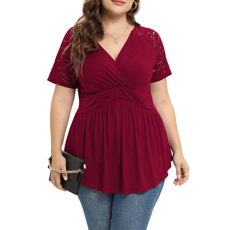 Daystry Plus Size Tunic Tops For Women Lace V-Neck Empire Waist Women Top Babydoll Blouse Wine Red-1X