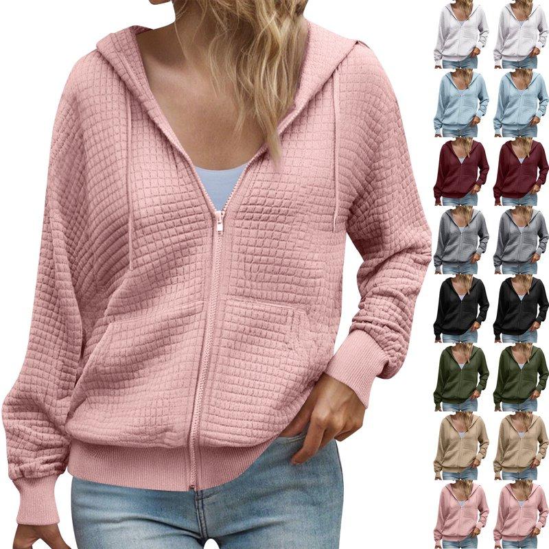 DDAPJ pyju 2023 Clearance Waffle Knit Hoodie for Women Zip Up Drawstring Hooded Sweatshirt Jacket Casual Long Sleeve Pullover Sweatshirts with Kangaroo Pocket
