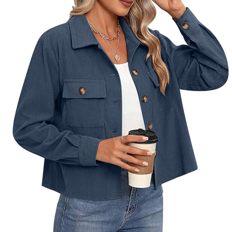 DDAPJ Pyju Womens Corduroy Jacket Lightweight Cropped Shacket Button Down Long Sleeve Shirts With Pockets Deals Of Today Blue L