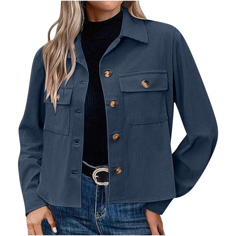 DDAPJ Pyju Womens Corduroy Jacket Lightweight Cropped Shacket Button Down Long Sleeve Shirts With Pockets Deals Of Today Blue L