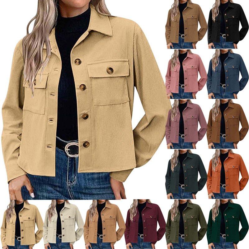 DDAPJ pyju Womens Corduroy Jacket Lightweight Cropped Shacket Button Down Long Sleeve Shirts with Pockets Deals of Today Blue L