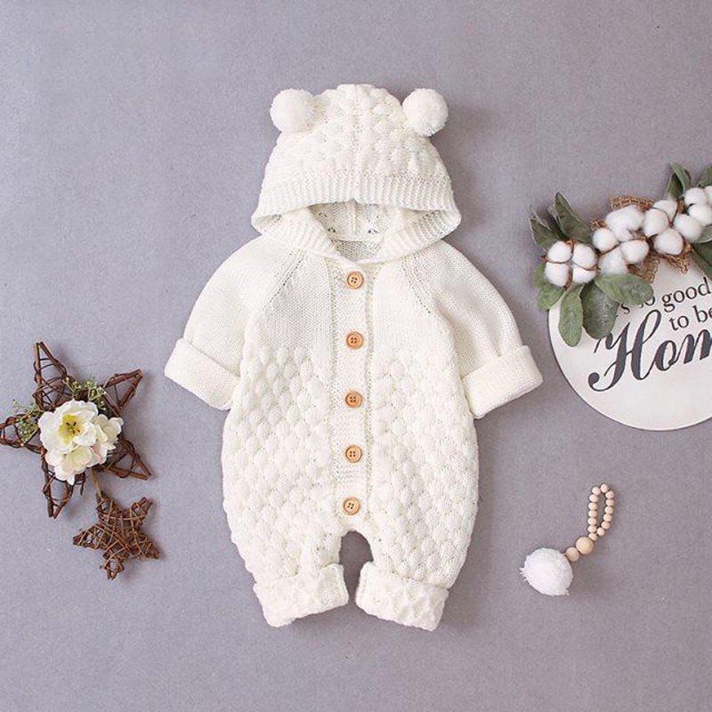 Dealovy Fall Winter Infant Baby Clothes Unisex Knitted Button Up Onesie Kids Cotton Rolled-Up Hooded Rompers With Cute Ears