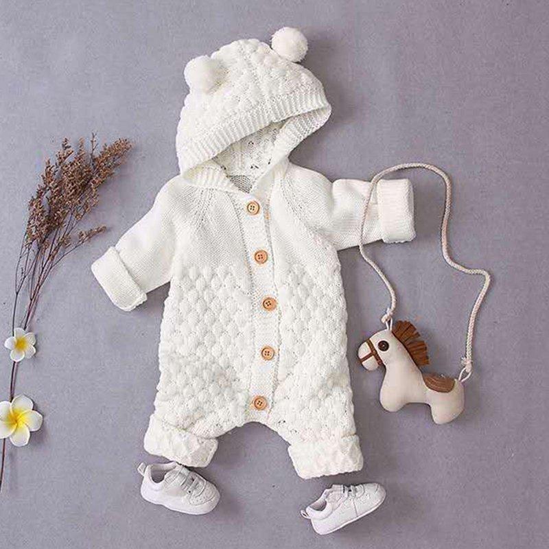 Dealovy Fall Winter Infant Baby Clothes Unisex Knitted Button Up Onesie Kids Cotton Rolled-Up Hooded Rompers With Cute Ears