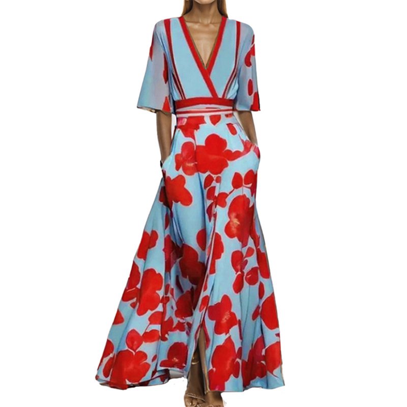 Delliss Women's Summer Elegant Elbow-Length Sleeve Split Print Dress Ankle Length Trendy Casual Long Maxi Dress