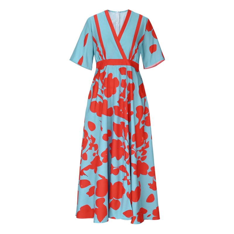 Delliss Women's Summer Elegant Elbow-Length Sleeve Split Print Dress Ankle Length Trendy Casual Long Maxi Dress