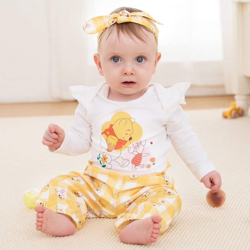 Disney Baby Clothes 3pcs Winnie The Pooh Graphic Romper Bodysuit Pants Outfit Set With Headband Shower Gifts Newborn Infant