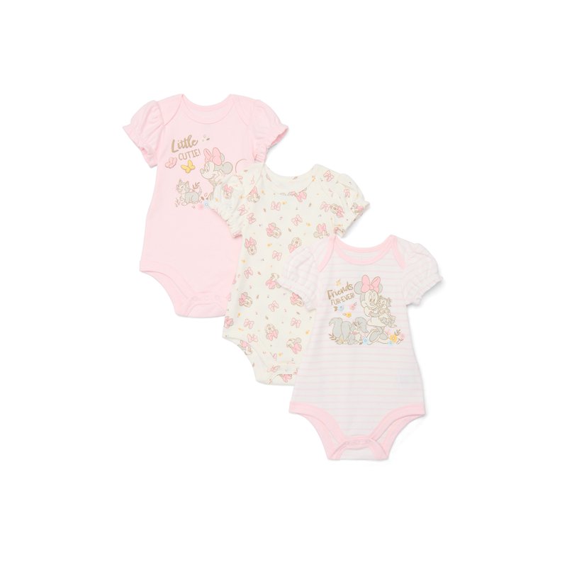 Disney Baby Wishes + Dreams Minnie Mouse Baby Girls Bodysuit with Puff Sleeves 3-Pack Sizes Newborn-18 Months