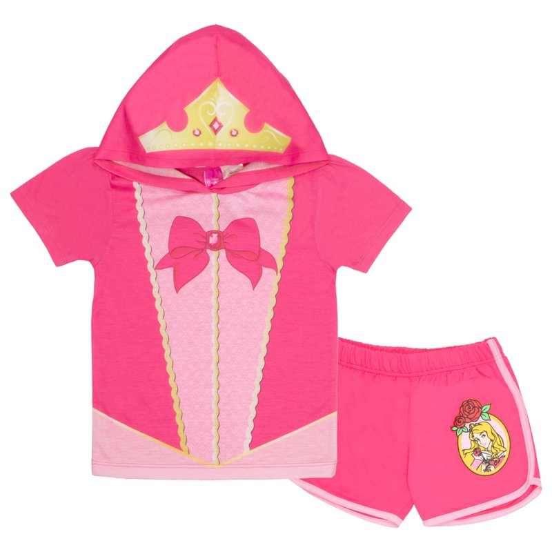 Disney Characters Girls 2-Piece Kids Clothing Set - Hoodie T-Shirt & Shorts 2-Pack Bundle Set for Girls (Size 3T-8)