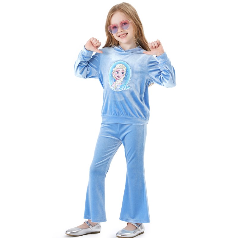 Disney Frozen Girls Sweatshirts Elsa Character Graphic Hoodie And Pants Blue Velvet 2 Pieces Sets Sizes 2-6