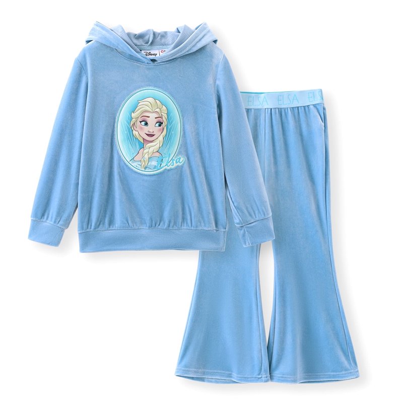 Disney Frozen Girls Sweatshirts Elsa Character Graphic Hoodie and Pants Blue Velvet 2 Pieces Sets Sizes 2-6