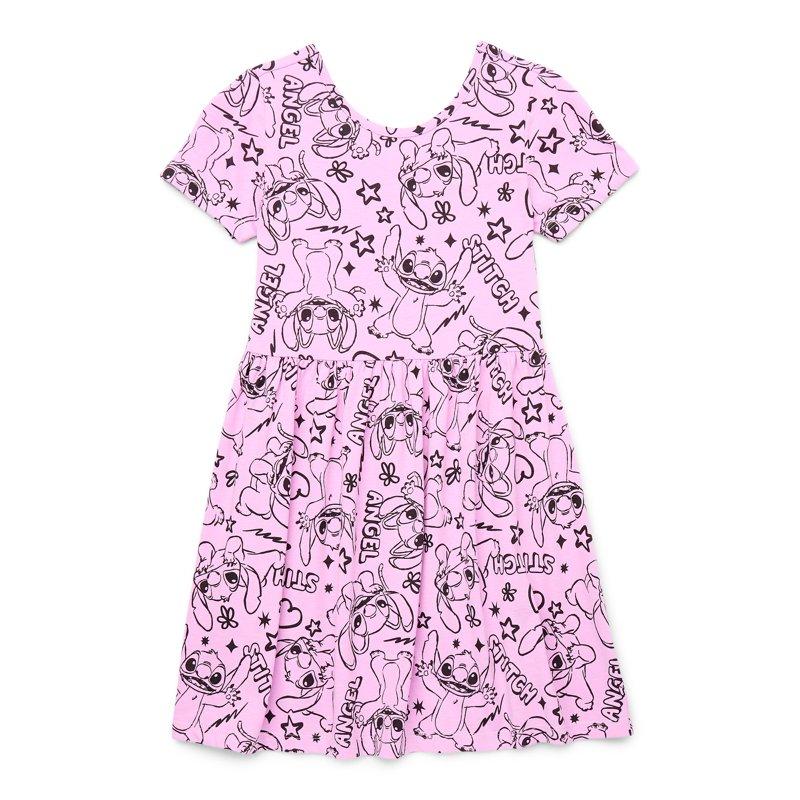 Disney Stitch Girls' Print Skater Dress with Short Sleeves Sizes 4-12