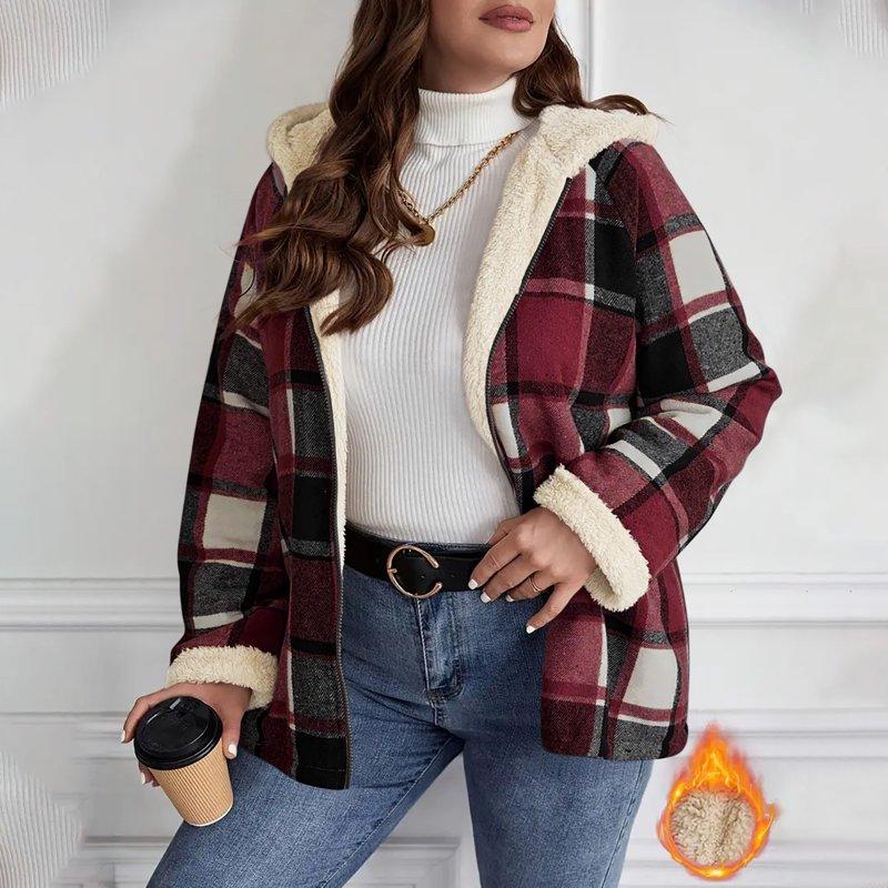 Diufon Fleece Jackets For Women Oversized Plaid Long Sleeve Hooded Jacket Fall Winter Casual Warm Outwear