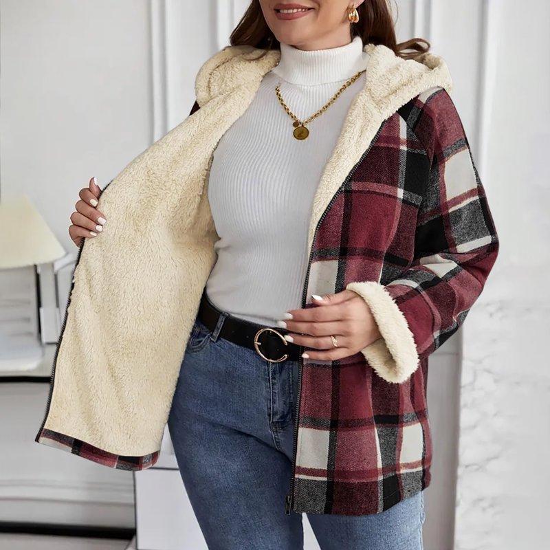 Diufon Fleece Jackets For Women Oversized Plaid Long Sleeve Hooded Jacket Fall Winter Casual Warm Outwear