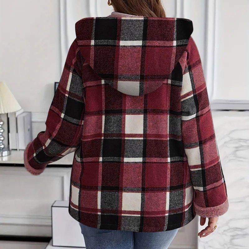 Diufon Fleece Jackets For Women Oversized Plaid Long Sleeve Hooded Jacket Fall Winter Casual Warm Outwear
