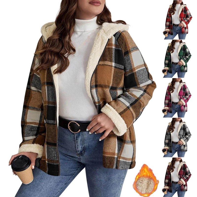 Diufon Fleece Jackets for Women Oversized Plaid Long Sleeve Hooded Jacket Fall Winter Casual Warm Outwear