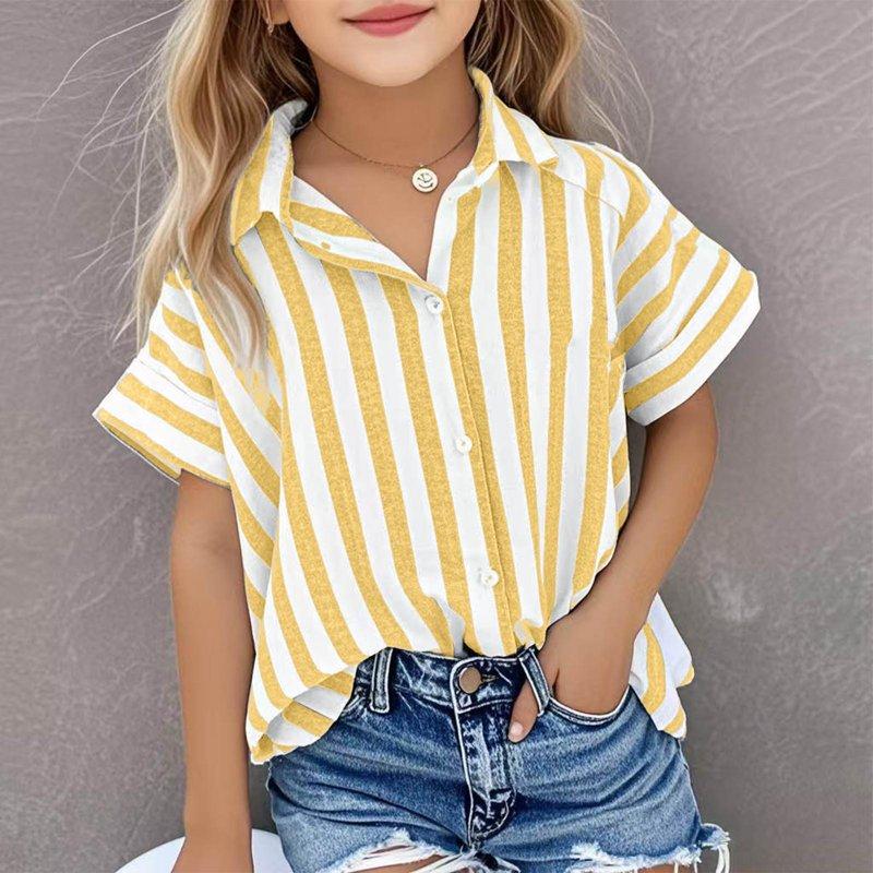 Diufon Shirts For Girls Summer Short Sleeve Stripes Button Down Lapel Shirt Casual Cotton Linen Blouse