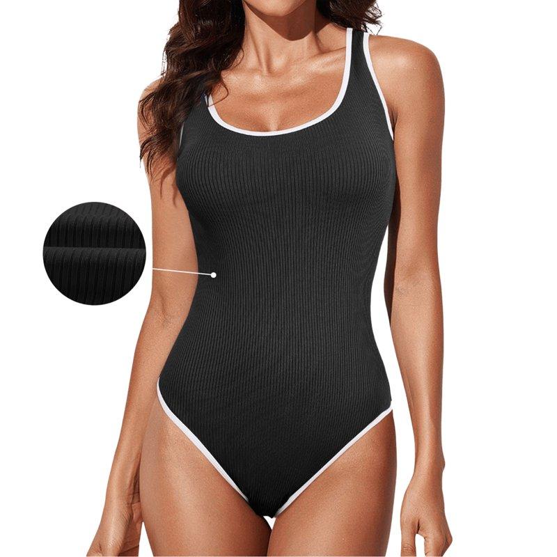 DOKOTOO Women's One Piece Swimsuit Tummy Control High Cut Bathing Suit Ribbed Round Neck Sporty Swimwear