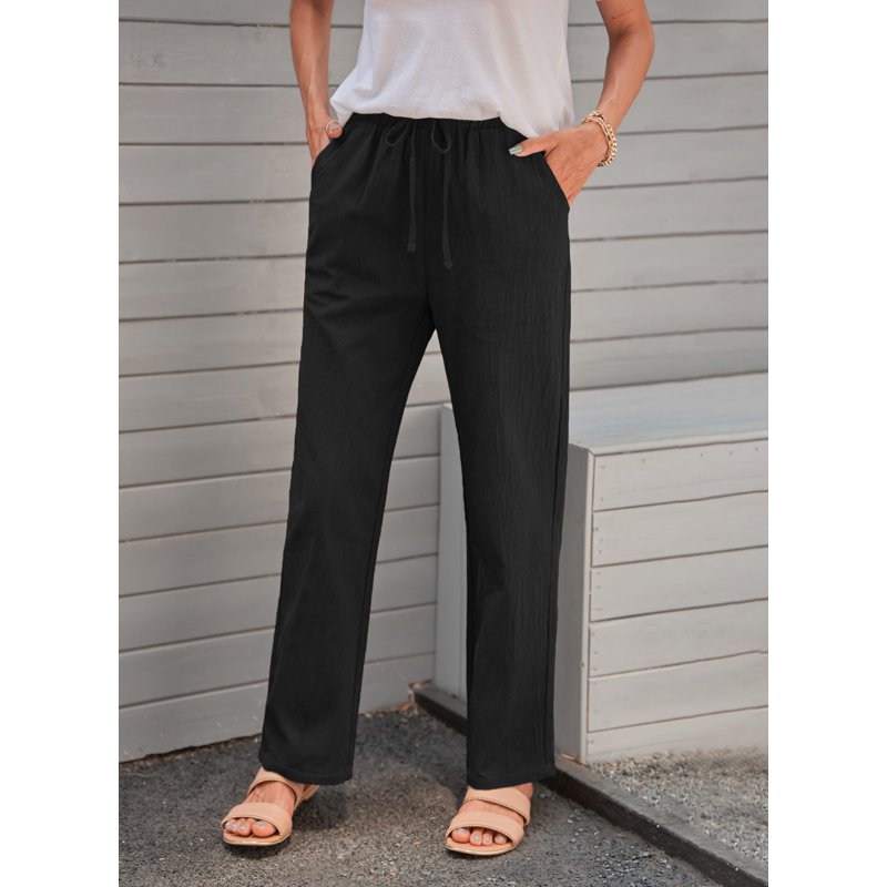 DOKOTOO Womens Drawstring Elastic Waist Casual Pants Solid Color Trousers With Pockets