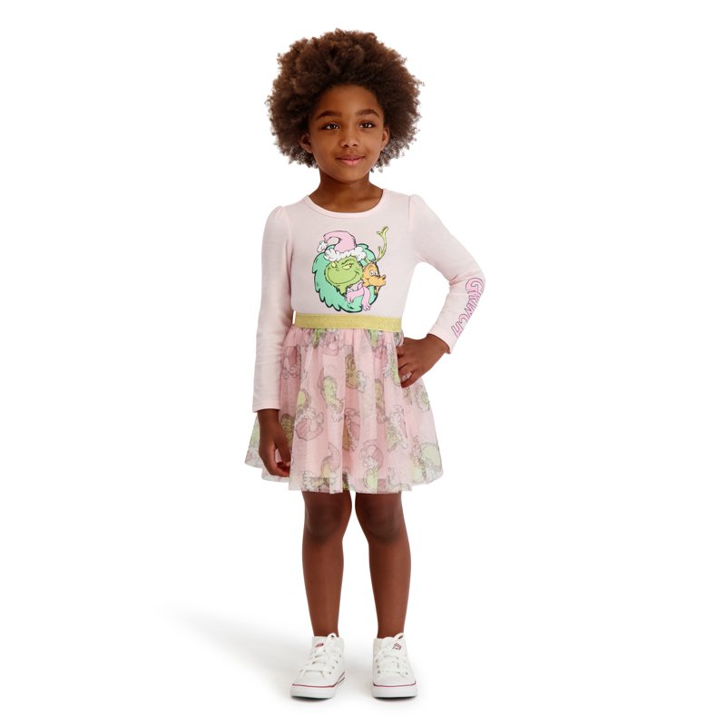 Dr. Seuss The Grinch Toddler Girl Printed Long Sleeve Dress Sizes 12M-5T