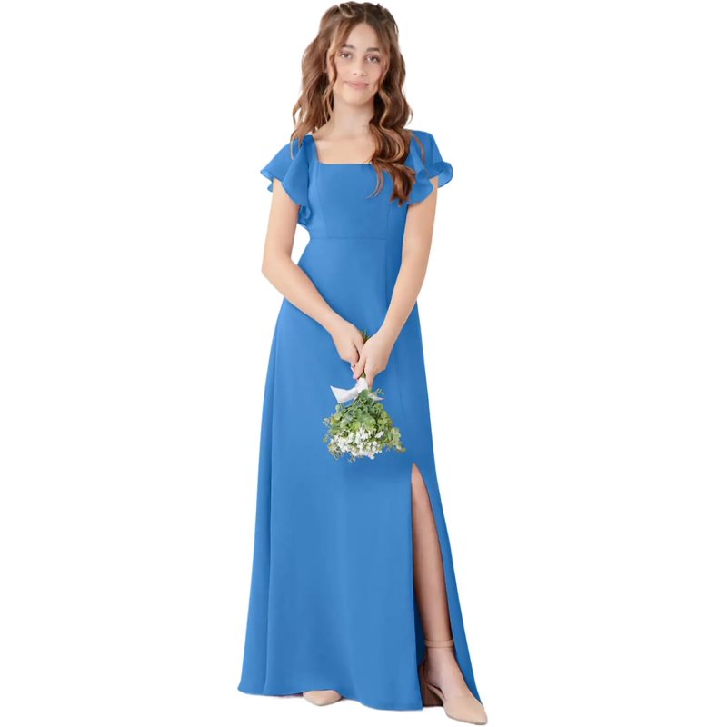 Drtj Girls Bridesmaid Dress for Wedding Chiffon Short Sleeve Flower Girl Dresses for Teen with Slit