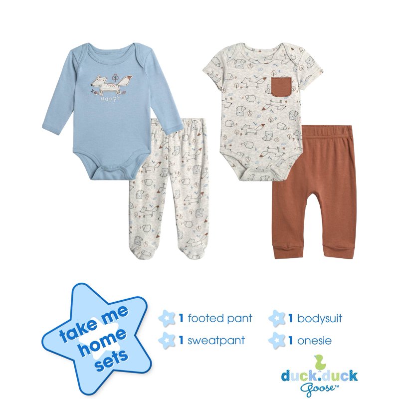 Duck Duck Goose Newborn Baby Boy's Layette Outfit Set - 4 Piece Baby Boys Cotton Clothing Set (0-9M)
