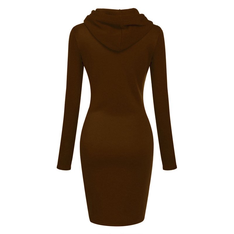 Dyfzdhu Womens Hoodie Dress Spring Fall Dresses Long Sleeve Solid Color Slim Hooded Sweatershirt Dress With Pocket Coffee