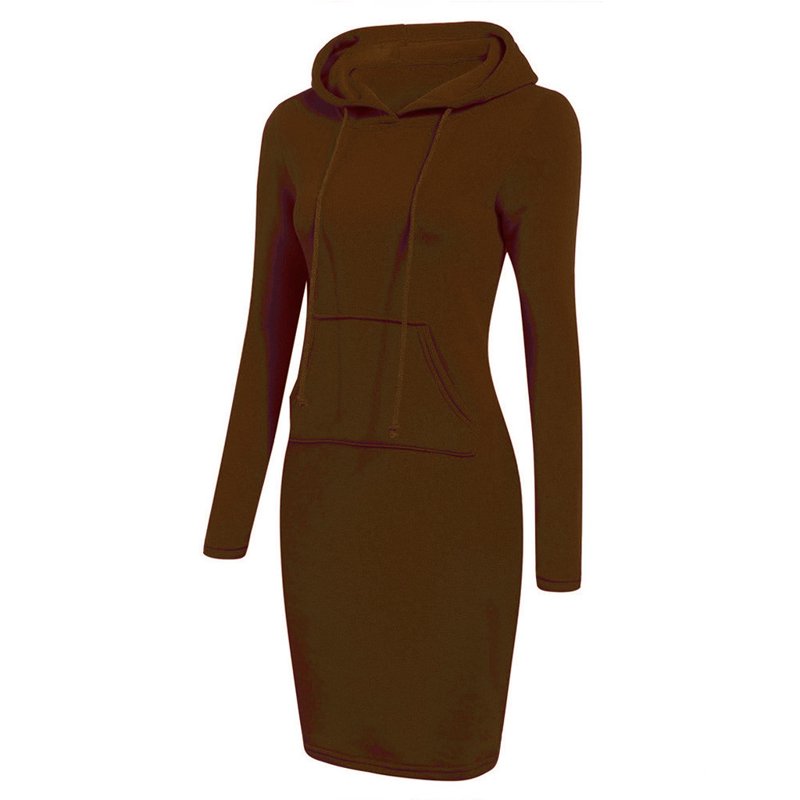 Dyfzdhu Womens Hoodie Dress Spring Fall Dresses Long Sleeve Solid Color Slim Hooded Sweatershirt Dress With Pocket Coffee