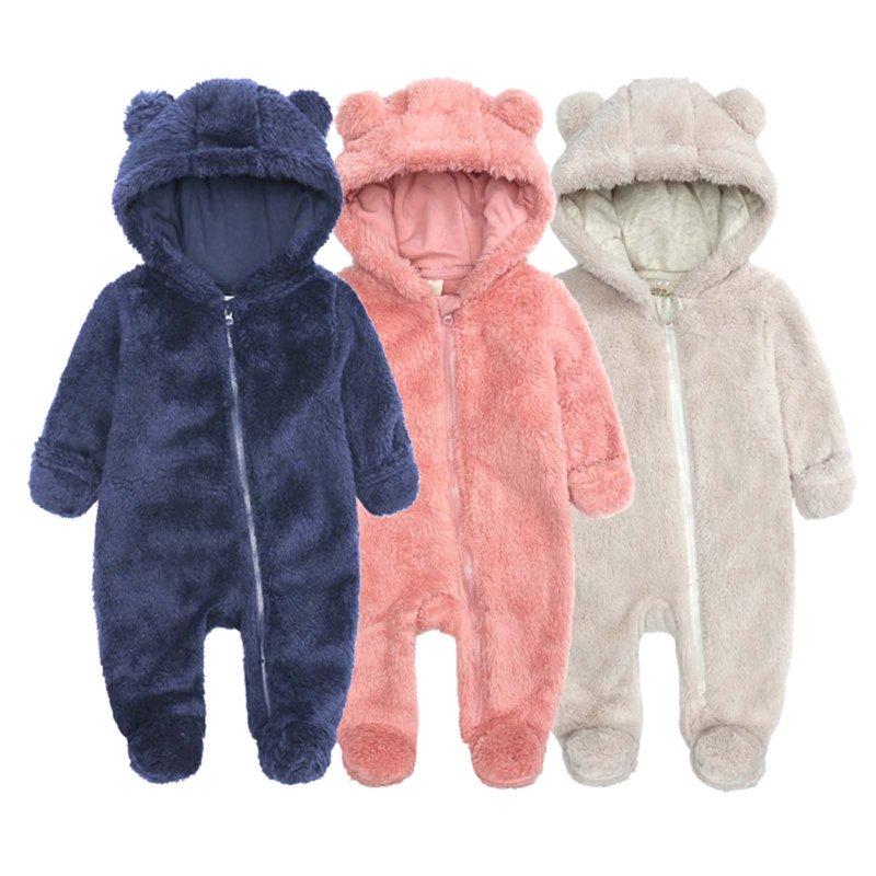 Elainilye Fashion Unisex Baby Clothes Newborn Boys Girls Plush Cute Bear Ears Winter Thick Warm Jumpsuit Romper Sizes 0-12 Months