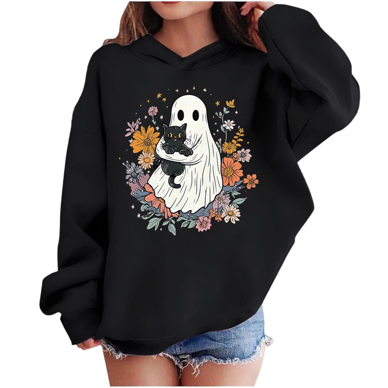 Elvqul Loose Sweatshirts For Girls Black Hooded Tops Oversize Pullovers Long Sleeve Kids Comfy Teens Sweatshirts Graphic