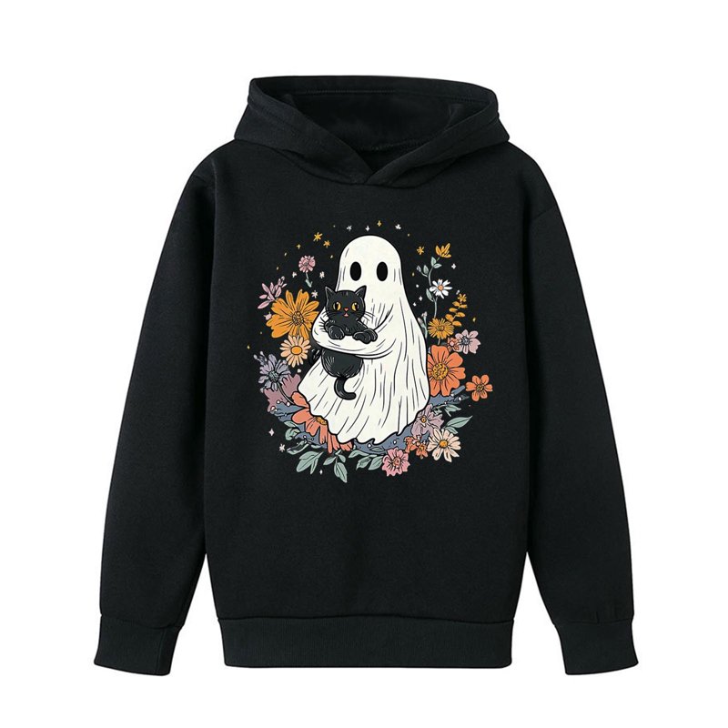 Elvqul Loose Sweatshirts For Girls Black Hooded Tops Oversize Pullovers Long Sleeve Kids Comfy Teens Sweatshirts Graphic