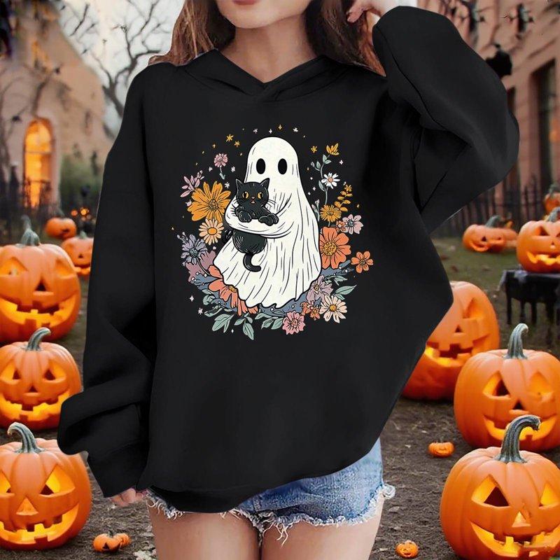 Elvqul Loose Sweatshirts for Girls Black Hooded Tops Oversize Pullovers Long Sleeve Kids Comfy Teens Sweatshirts Graphic