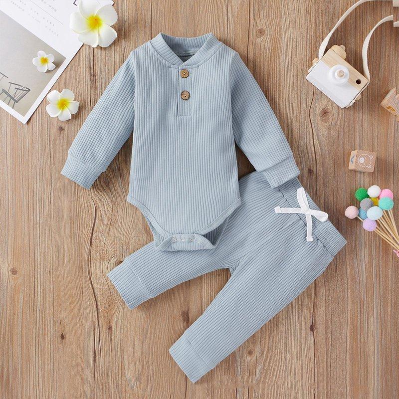 Esaierr Baby Infant Boys Girls Clothes Jumpsuit Outfits 2PCS Fall Winter Long Sleeve Cotton Romper Drawstring Pants Unisex Newborn Loungewear Set 0-24M