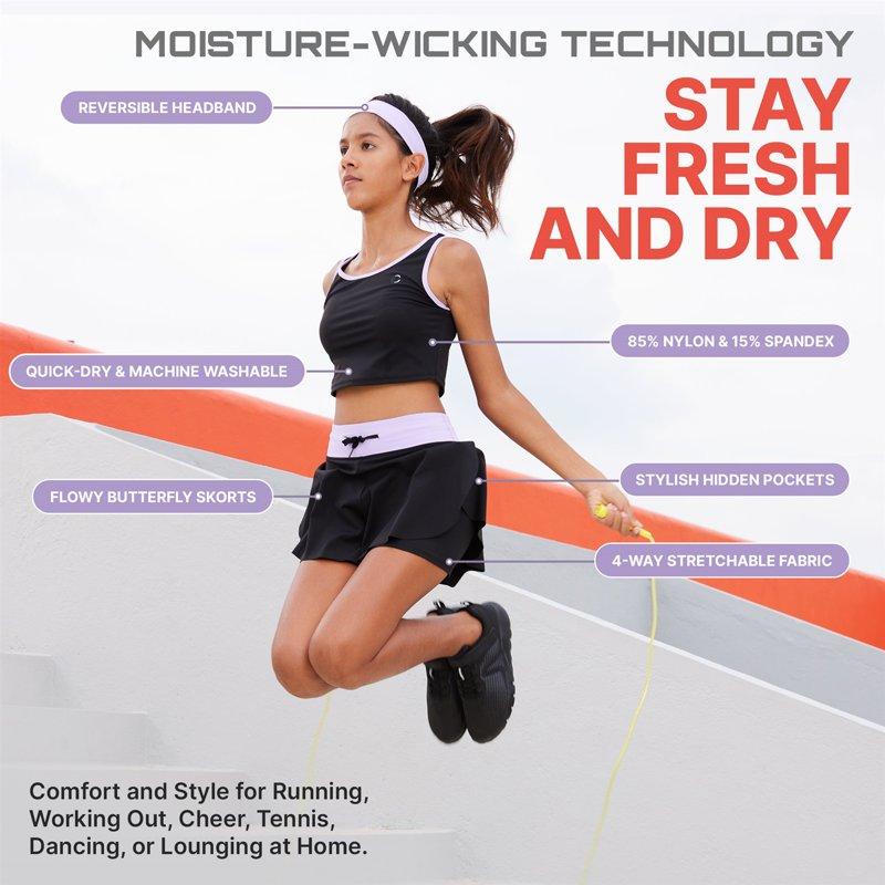 Essenclo Flowy Girls Butterfly Shorts Skirts W/Pockets & Athletic Sleeveless Tank Tops Dance Tennis Cheer Running (5pc Set)