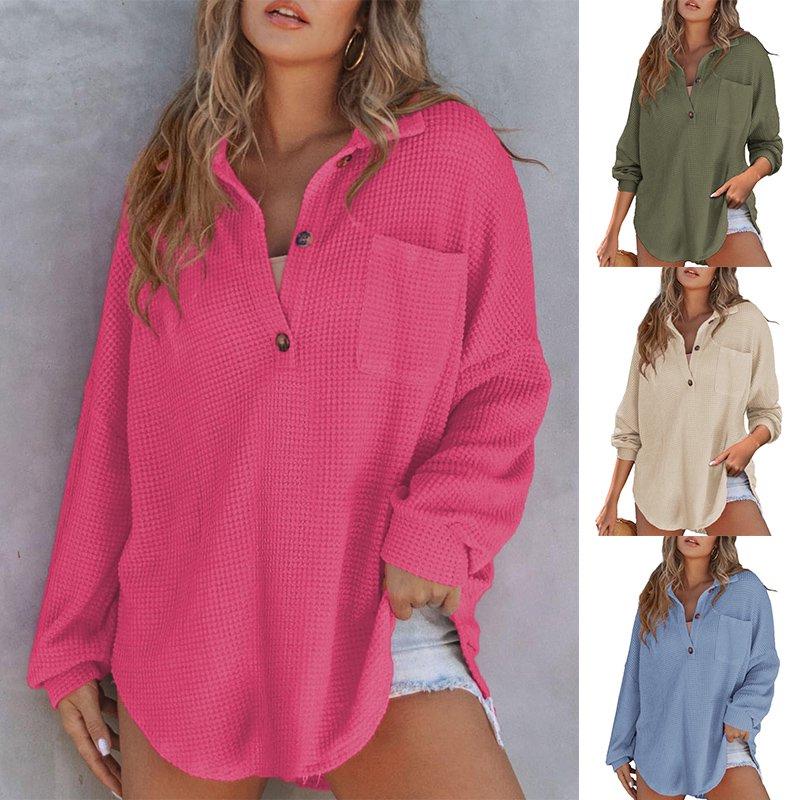 Eternatastic Women Waffle Knit Top Henley Shirts Long Sleeve V Neck Solid Color Casual Tunics Button Down Blouses