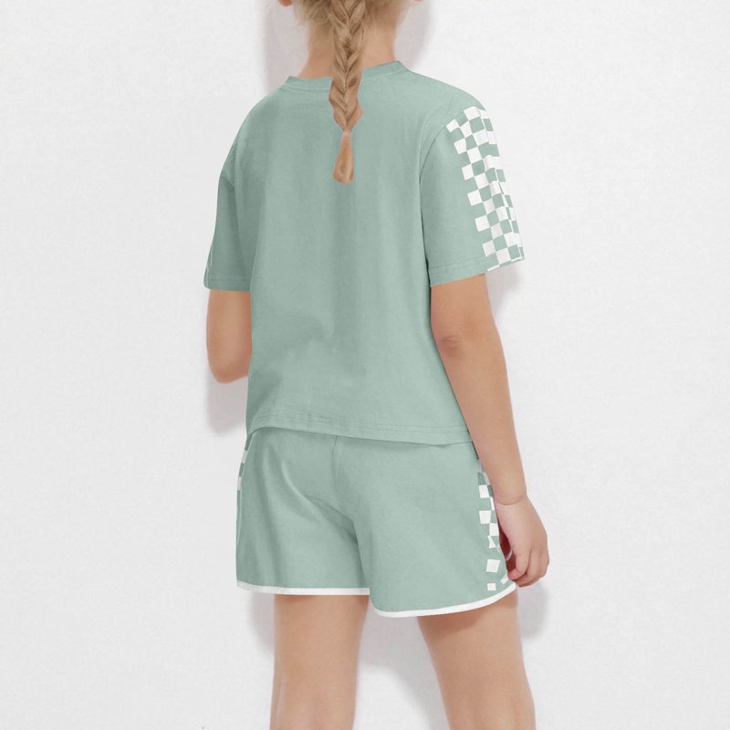 EWASWON Kids Girls Clothes On Clearance Summer Daisy Print Plaid Sleeve T-Shirt Tops And Elastic Shorts Pants Casual Outfits Set Army Green Size 5 T