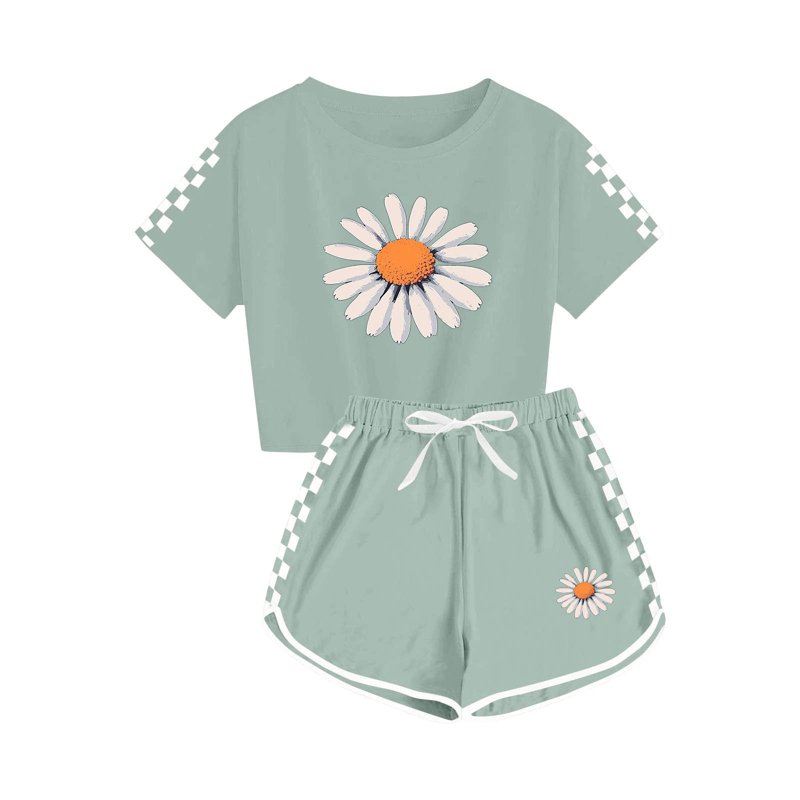 EWASWON Kids Girls Clothes On Clearance Summer Daisy Print Plaid Sleeve T-Shirt Tops And Elastic Shorts Pants Casual Outfits Set Army Green Size 5 T