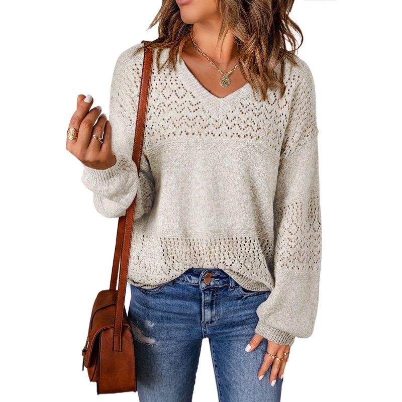 Eytino Sweaters For Women V Neck Sweater Lightweight Crochet Sweater Casual Long Sleeve Hollow Out Knit Sweater Fall Pullover Sweater Tops For Women Oversized Sweaters White M